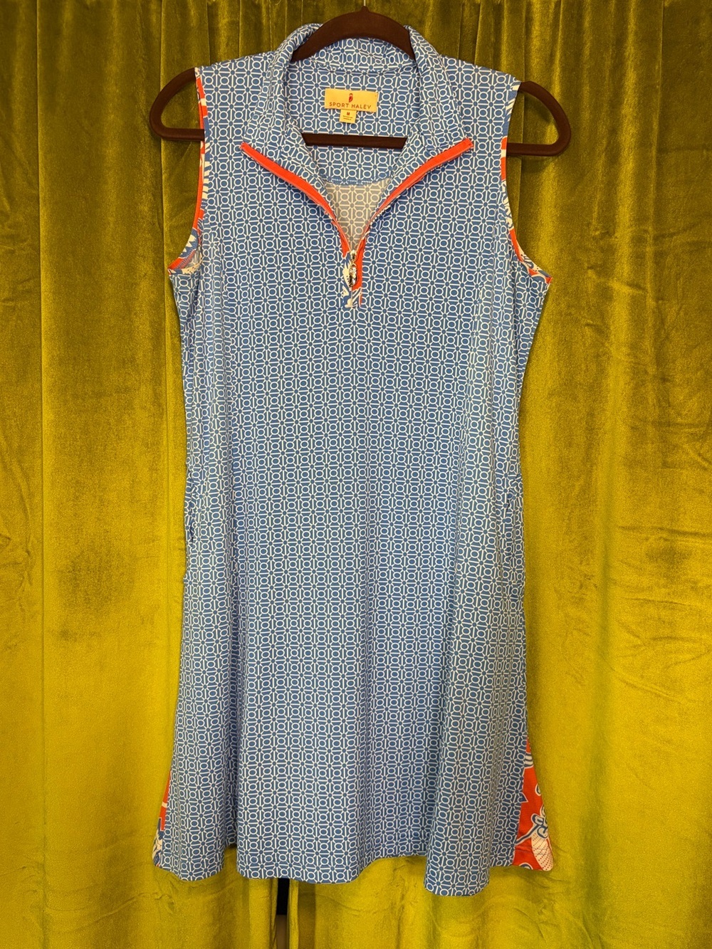 Sport Haley Gold Tennis Dress in Geometric Blue Print. Size M. Retail $128